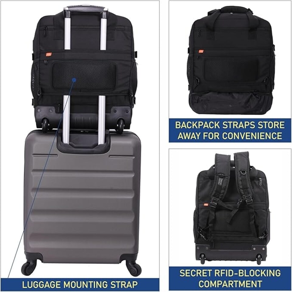 image 1 of Aerolite 45x36x20 Easyjet Maximum Size Backpack Trolley Bag With 2Wheels Cabin Luggage Approved Extendable Handle Travel Holdall Rucksack with10 Year Warranty Black