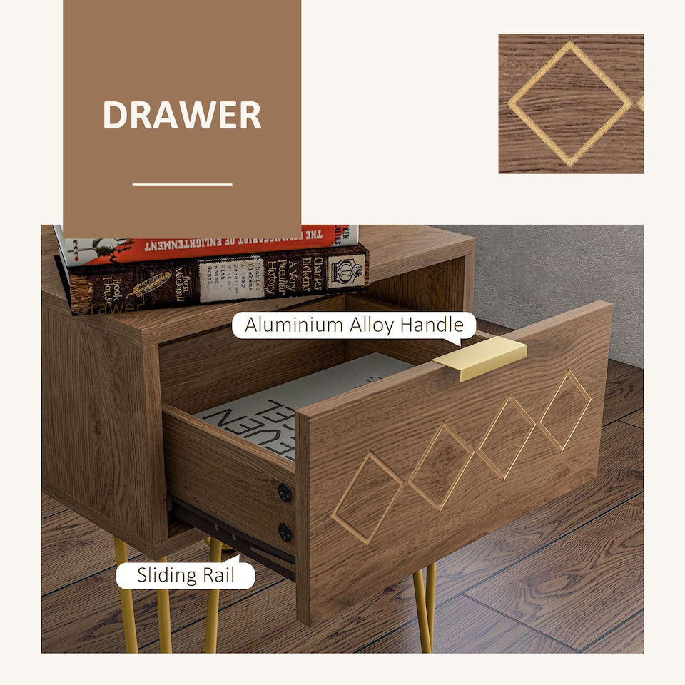 image 1 of HOMCOM Bedside Table with Drawer, Wooden Nightstand, Modern Sofa Side Table with Gold Tone Metal Legs and Handles for Living Room, Bedroom, Easy Assembly, 40x41x 49cm, Brown