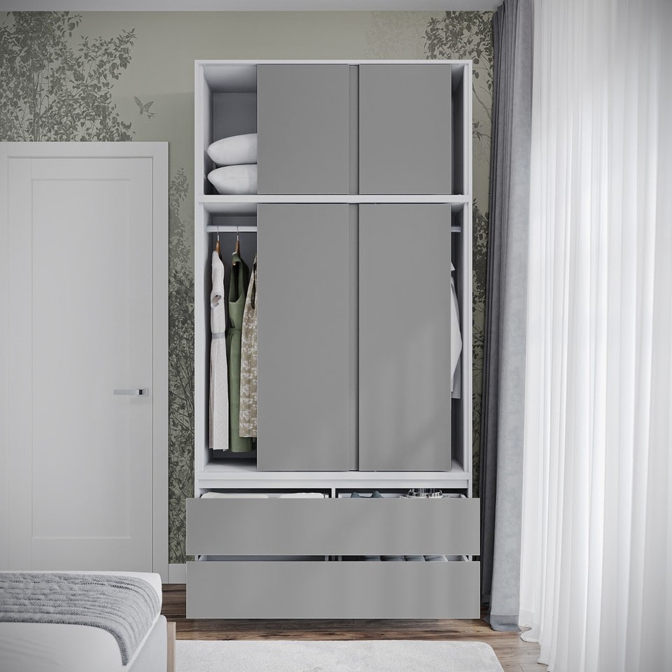 image 1 of 120cm 3 Sliding Doors Children Kids Wardrobe Bedroom Storage Closet Hanging Rail | Multi | White with Grey Doors | 1