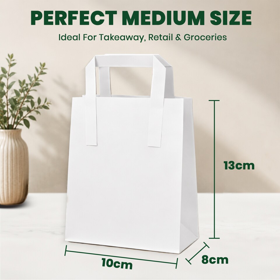 image 1 of ECONX White Kraft Paper Bags With Handles Medium Size SOS Takeaway Grocery Party Carrier Bags x 50pc