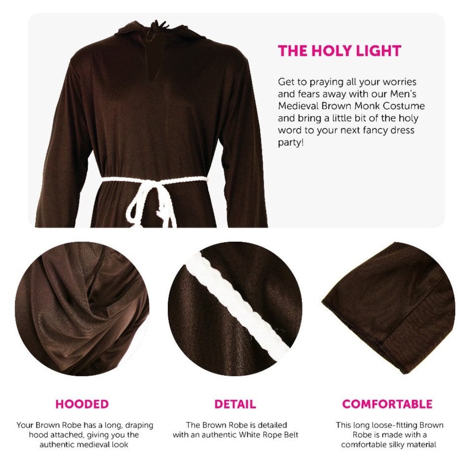 image 1 of Medieval Monk Costume With Wig | Brown | XL