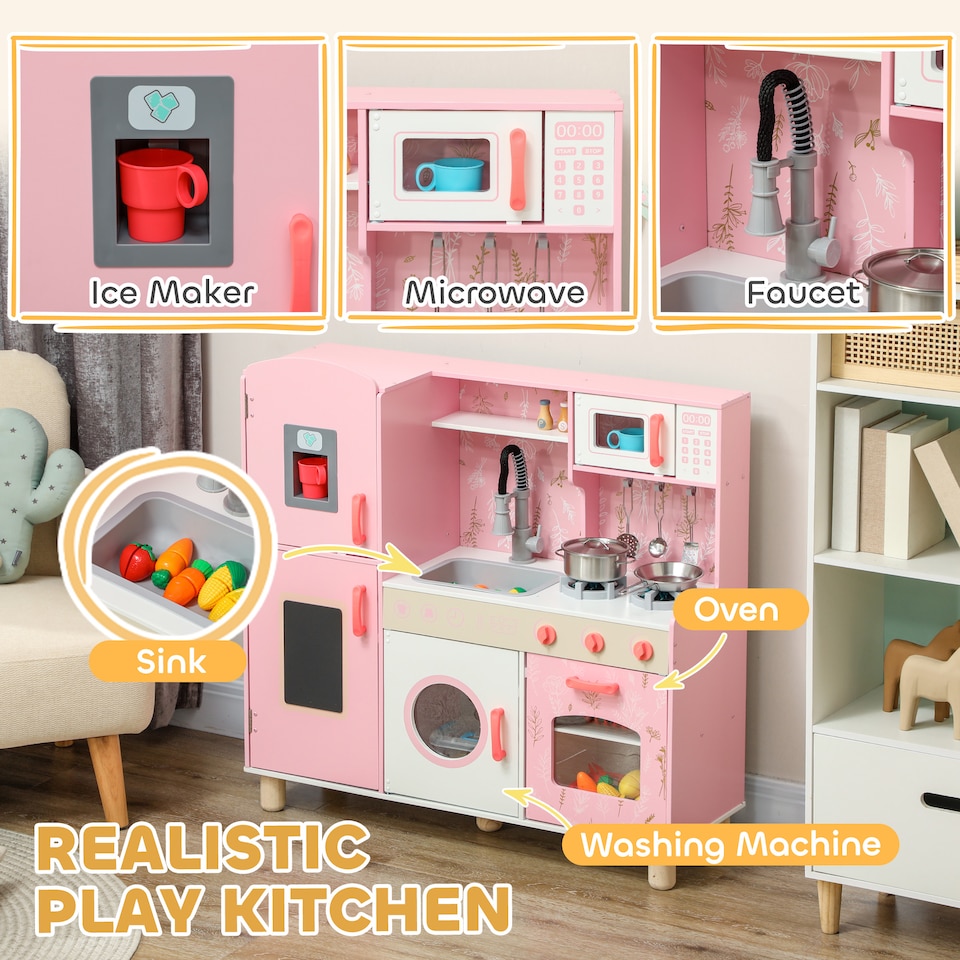 image 1 of AIYAPLAY Toy Kitchen, Pretend Role Play Kitchen, Kids Kitchen Set with Lights and Sounds, Double Stoves, Ice Maker, Chalkboard, Microwave, Oven, Sink, 5 Accessories, Pink