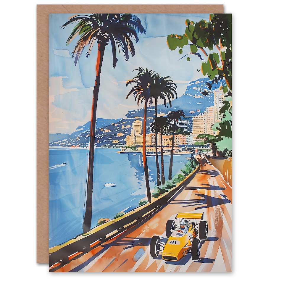 image 1 of Greeting Card Motor Sport Race Monaco Watercolour 1973 Vintage