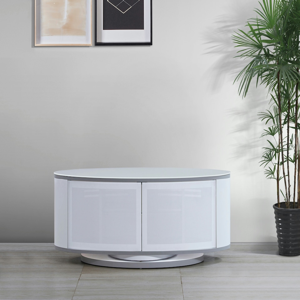 image 1 of MDA Designs LUNA Gloss White Oval Cabinet with White Profiles White BeamThru Glass Doors Suitable for Flat Screen TVs up to 50" | Multi | 1