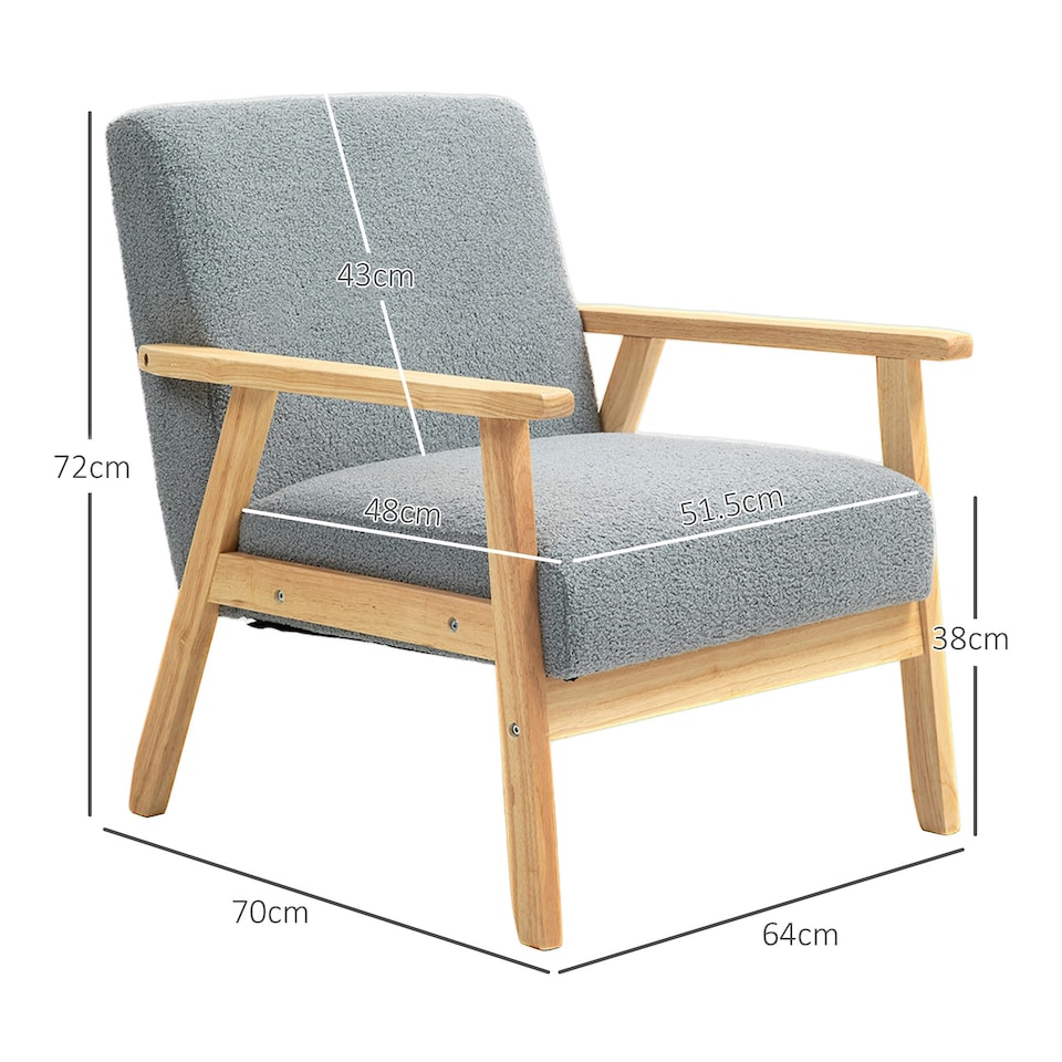image 1 of HOMCOM Accent Chair with Wood Frame Wide Seat Cashmere Armchair Grey