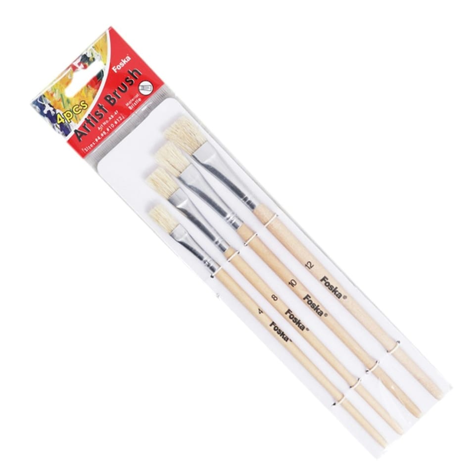 image 1 of Pack of 4 Assorted Size Wooden Handle Bristle Artist Oil Painting Brushes