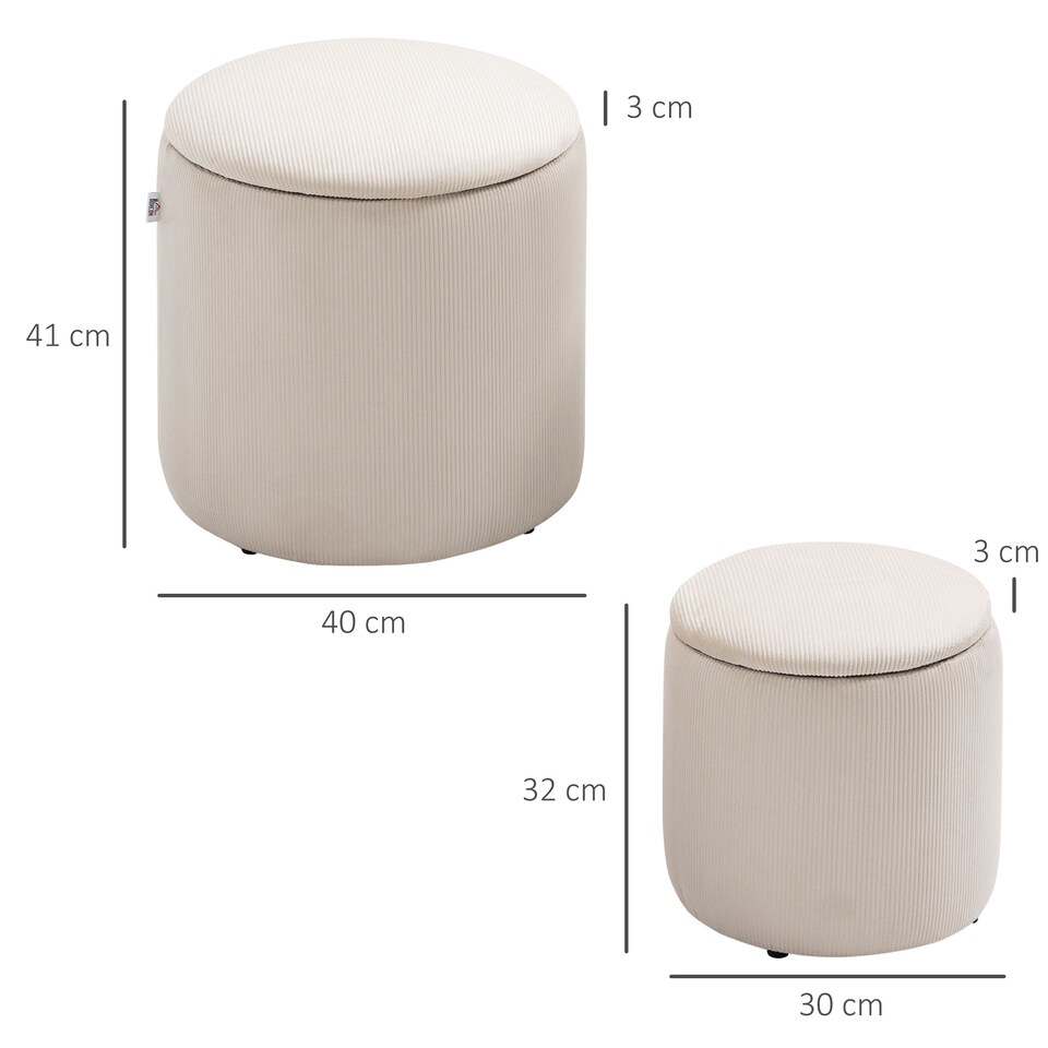 image 1 of HOMCOM Set of 2 Round Ottoman with Storage, Fabric Vanity Stool for Makeup, Footrest Stool with Removable Lid for Living Room & Bedroom, Cream White