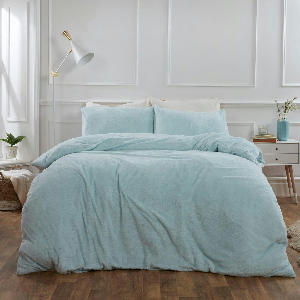 image 1 of Brentfords Ultra Soft Teddy Fleece Duvet Cover and Pillowcase Bedding Set, Single - Duck Egg Blue