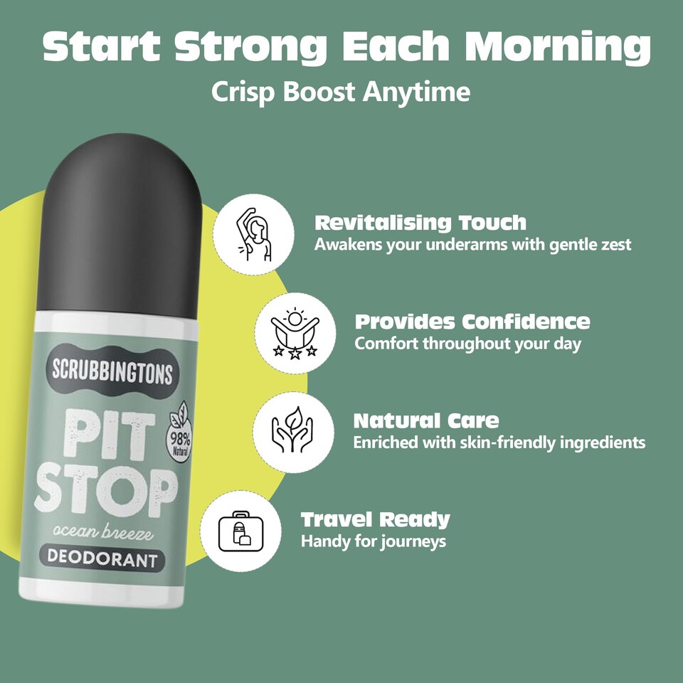image 1 of Scrubbingtons Pit Stop Natural Deodorant For Women, Men, Roll On For Sensitive Skin Made in UK Paediatrician approved, Aluminium & Alcohol Free, Vegan & Cruelty Free, Ocean Breeze 75ml | Multi | 1