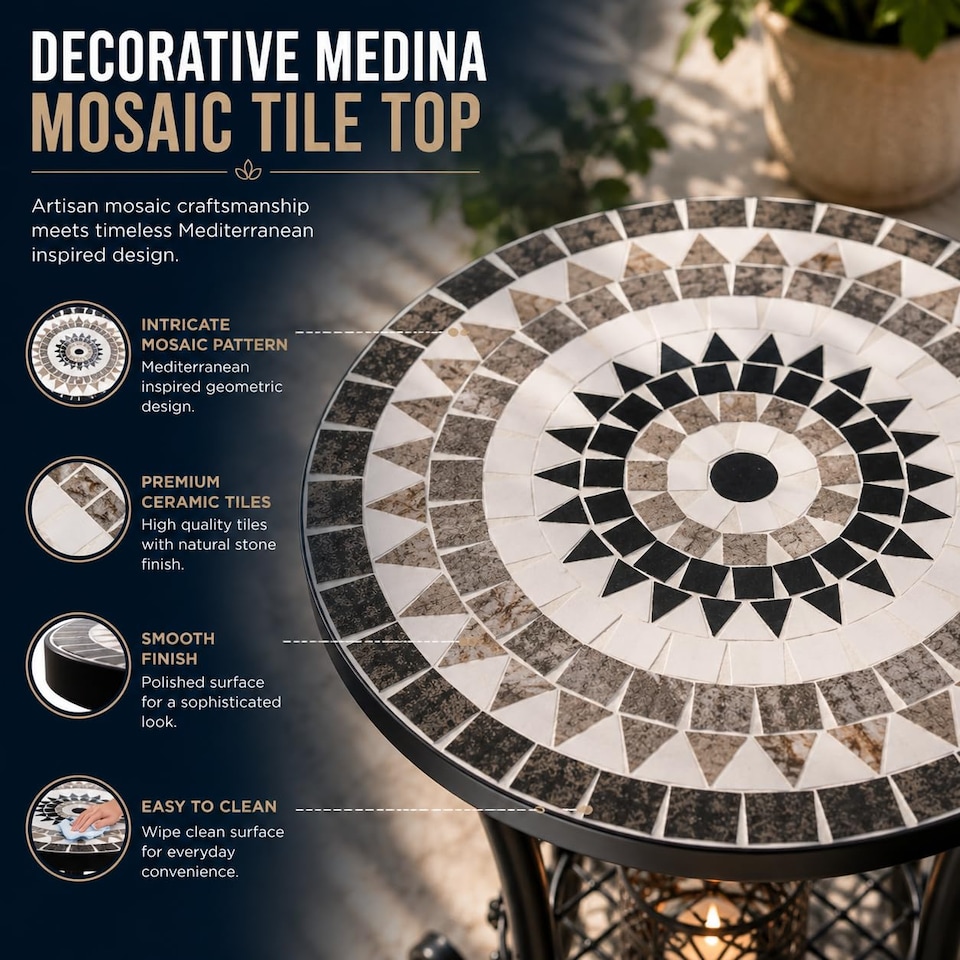 image 1 of Medina Mosaic Plant Stand Side Table with Ceramic Tile Top for Indoor and Outdoor Use