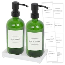 Harbour Housewares 2pc Glass Soap Dispenser Set with Ceramic Tray & Labels - 500ml - Green/White