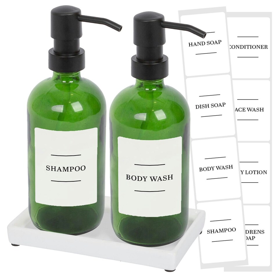 image 1 of Harbour Housewares 2pc Glass Soap Dispenser Set with Ceramic Tray & Labels - 500ml - Green/White