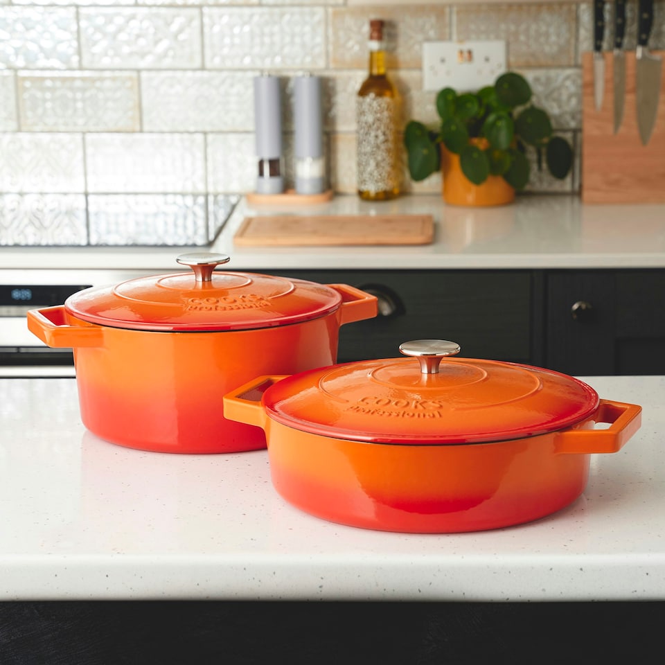 image 1 of Cooks Professional Cast Iron Casserole Set of 2 | 26cm and 28cm | Enamelled Inside and Out | Graduated Orange