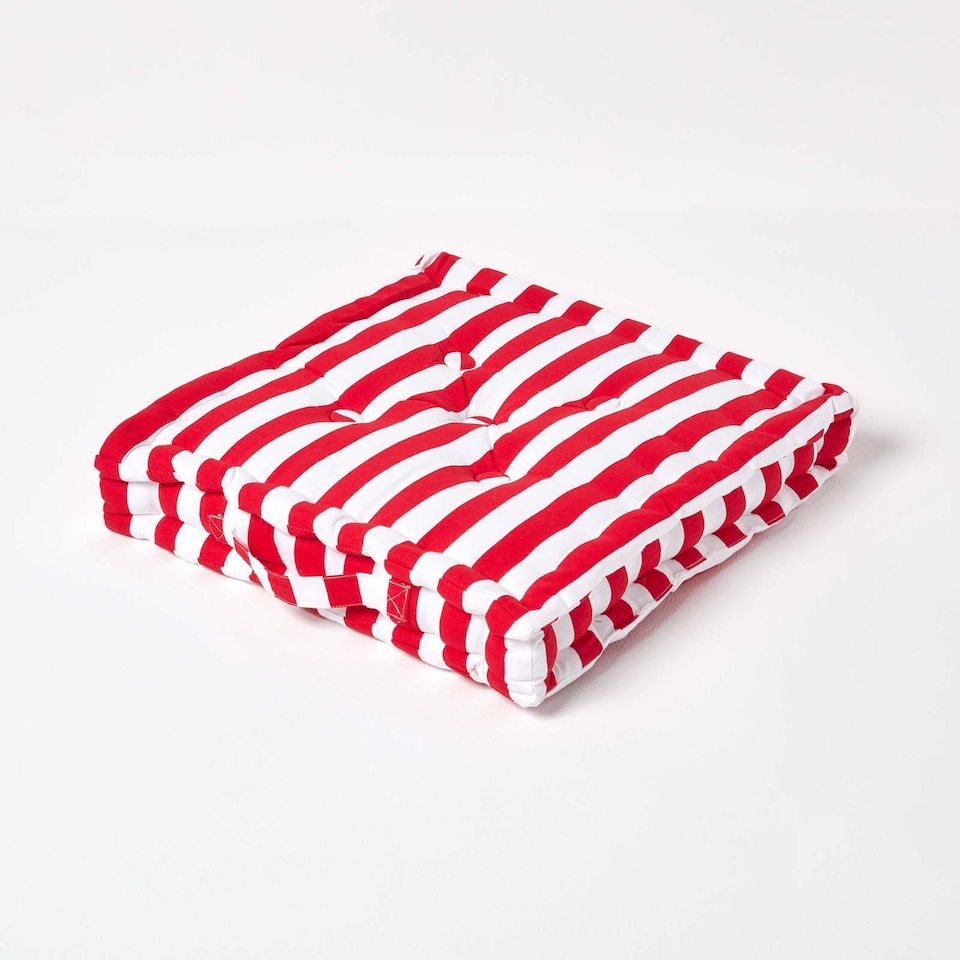 image 1 of Homescapes Cotton Red Thick Stripe Floor Cushion - 50 x 50 cm | Red | 50 x 50 cm