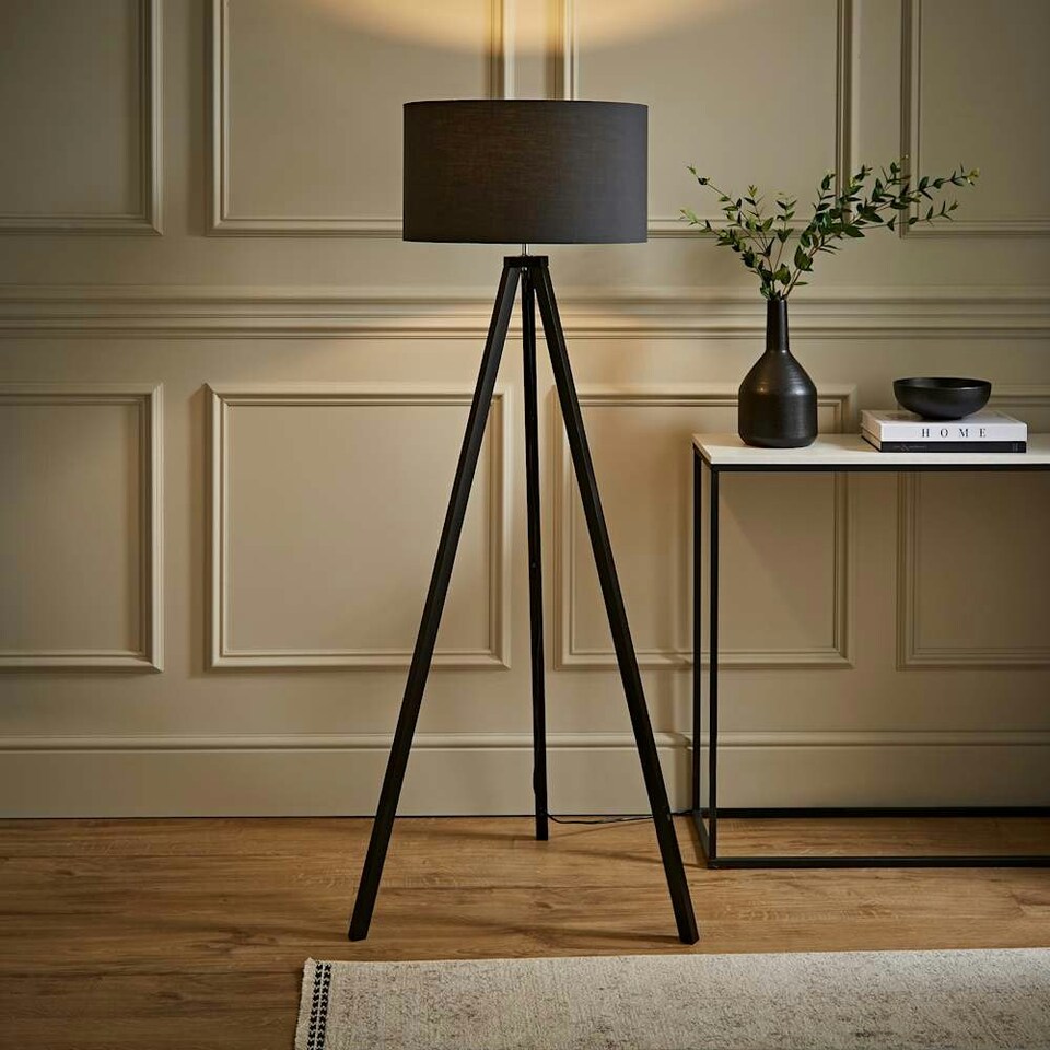 image 1 of ValueLights Barbro Black Tripod Floor Lamp Charcoal Shade Grey