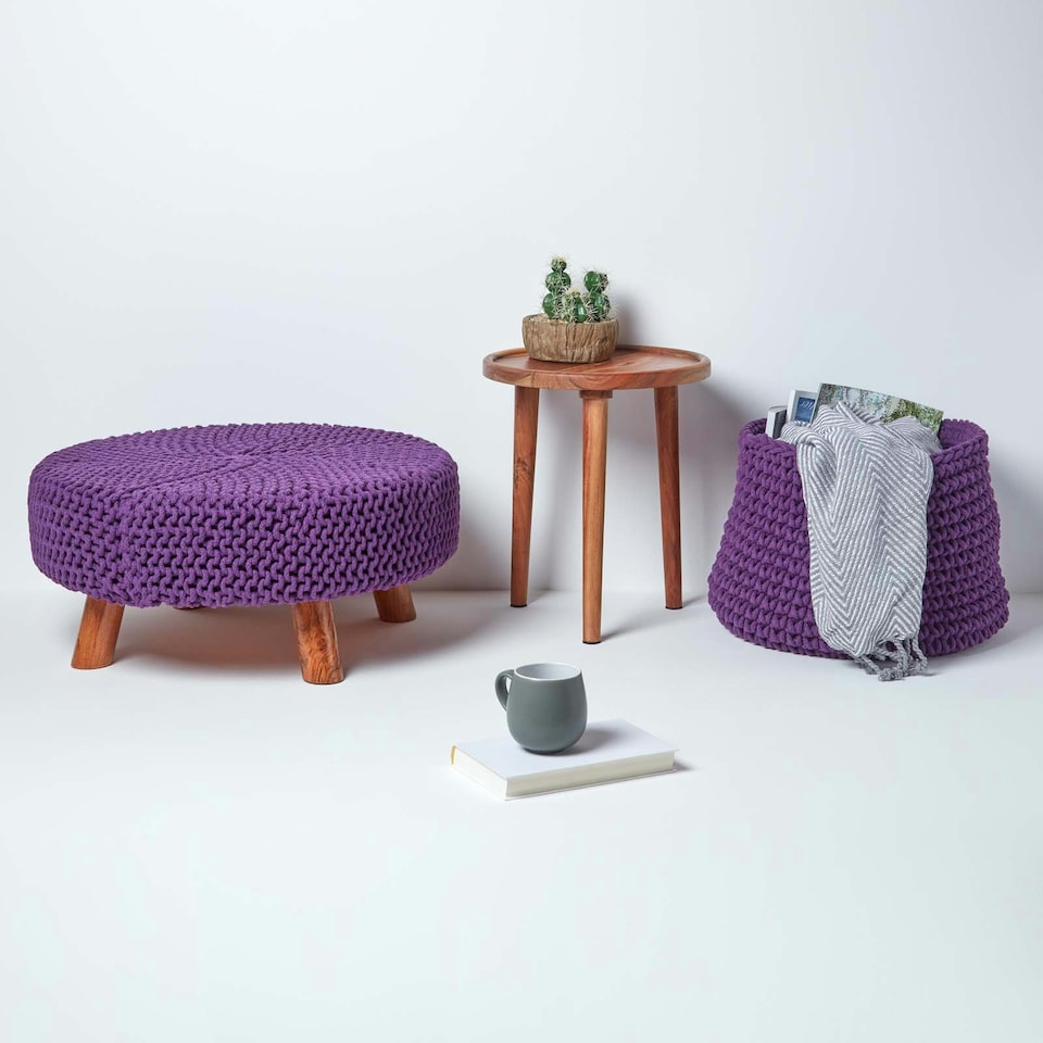 image 1 of Homescapes Purple Large Round Cotton Knitted Footstool on Legs