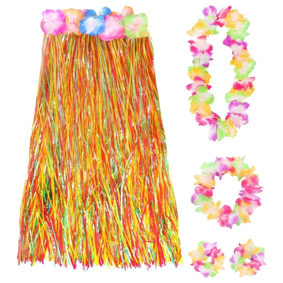 image 1 of Pack of 12 80cm Hawaiian Long Multicoloured Hula Skirt & Lei Multi | One Size