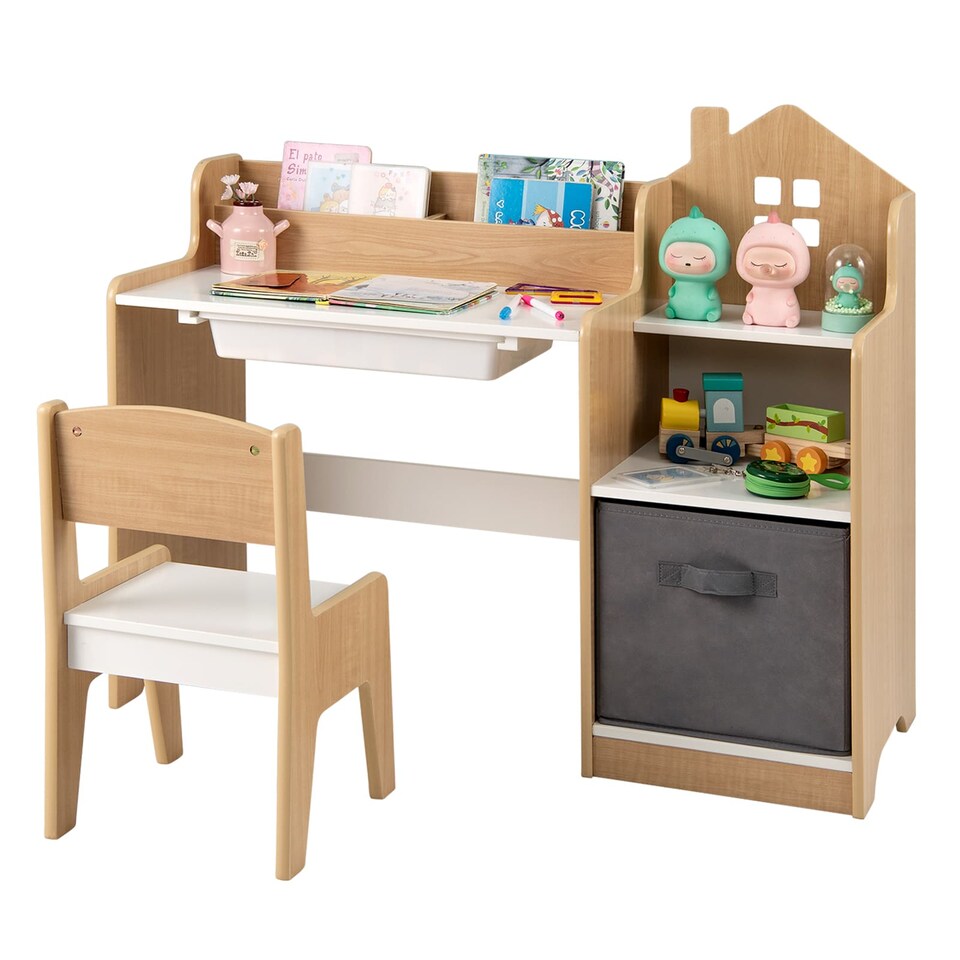 image 1 of COSTWAY Kids Study Desk and Chair Set Children Table Natural