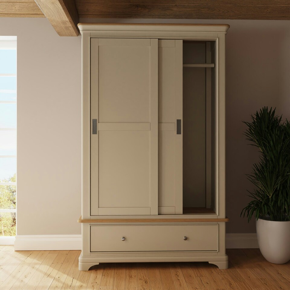 image 1 of Faire 120cm Sliding Combination Wardrobe in Putty with Oak Top Grey
