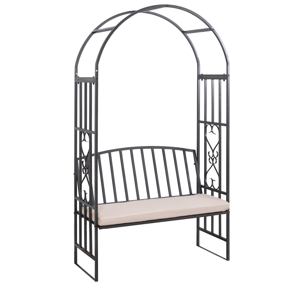 image 1 of Outsunny Garden Metal Arch Bench, Outdoor Furniture Chair with Cushion Outdoor Patio Rose Trellis Arbour Pergola, for Climbing Plant 114L x 60W x 206H cm