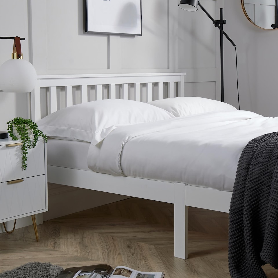 image 1 of Small Double White Wooden Bed 4ft Solid Pine Furniture High End Slatted Base