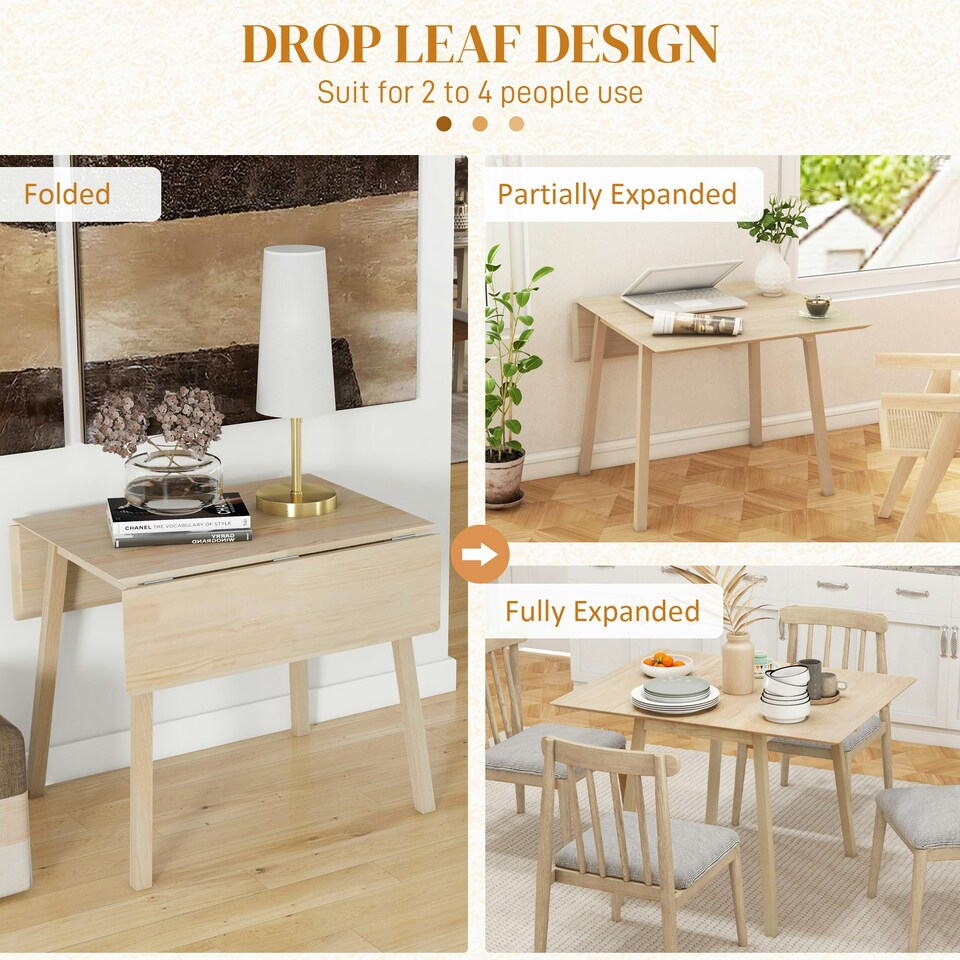 image 1 of Extendable Kitchen Table for 2-4, Folding Drop Leaf Dining Table, Natural