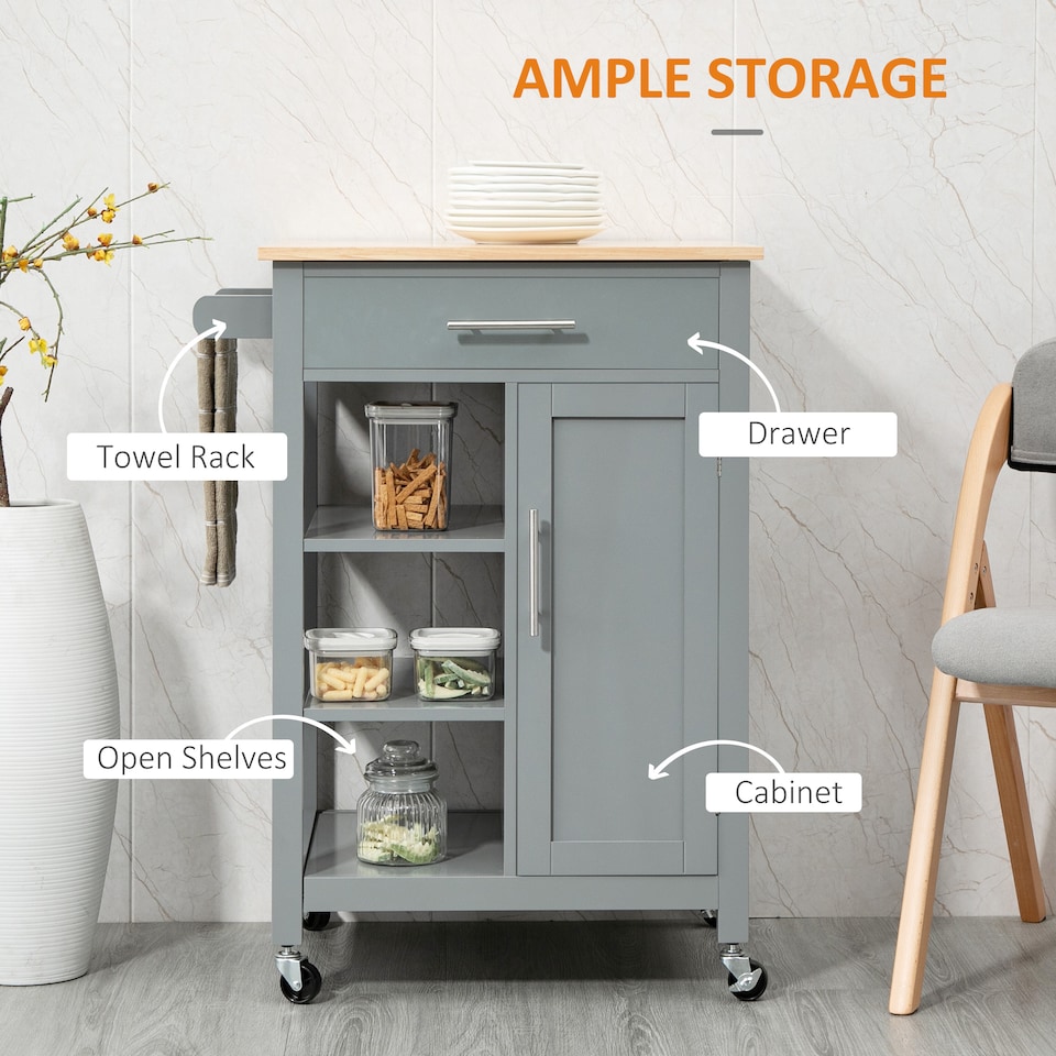 image 1 of HOMCOM Compact Kitchen Trolley Utility Cart on Wheels with Open Shelf Grey