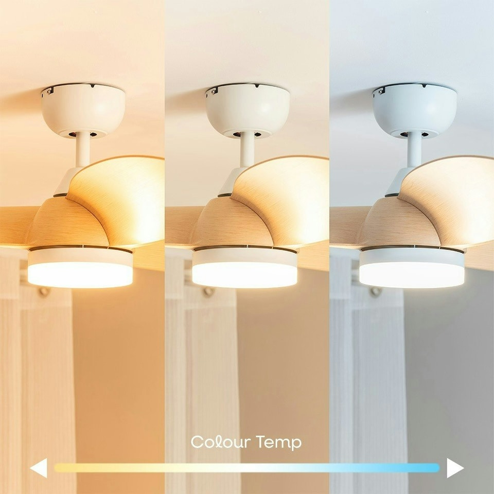 image 1 of ValueLights Ceiling Fans Dimmable Oak Effect Natural Ceiling Fan Light with White Shade and Integrated LED 24W Neutral White 6500K Bulb