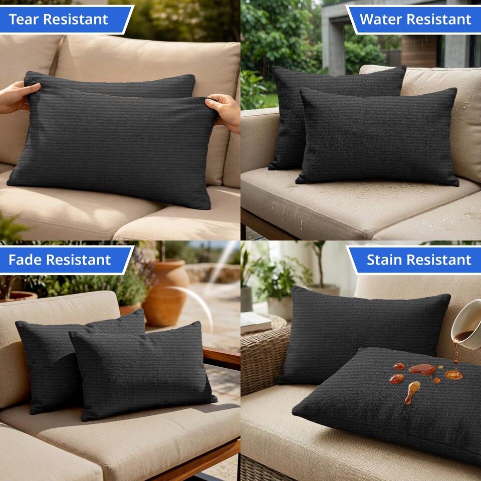 image 1 of Covers&All Sunbrella Lumbar Pillows Set of 2, Rectangle 12 in x 24 in, Canvas Black