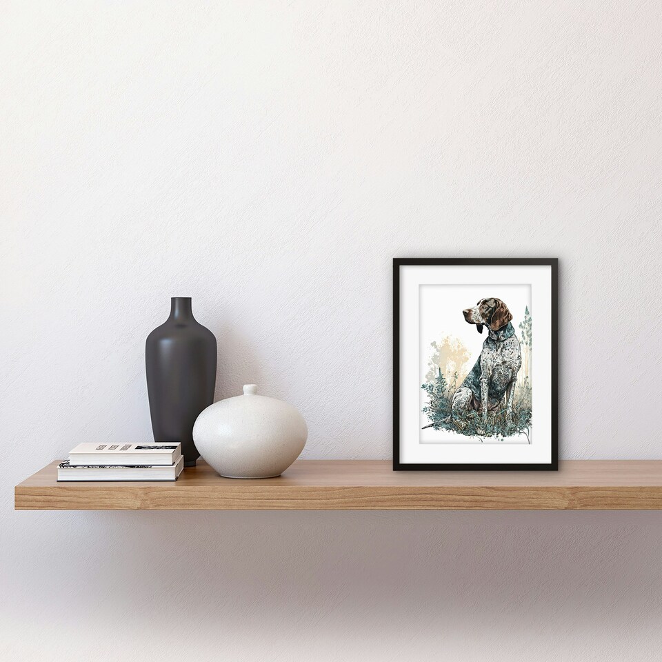 image 1 of German Pointer Dog Sitting Field Modern Detailed 9x7" Black Framed Wall Art Print