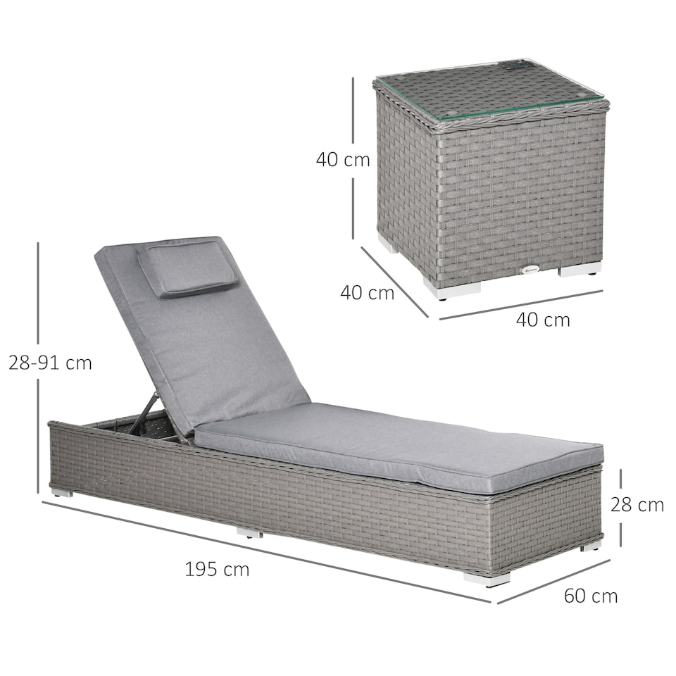 image 1 of Outsunny 3 Pieces Rattan Sun Lounger Set with Aluminium Frame, 5-Position Adjustable Reclining Garden Chairs and Glass Top Table, Wicker Garden Furniture Daybed with Cushions for Patio, Grey