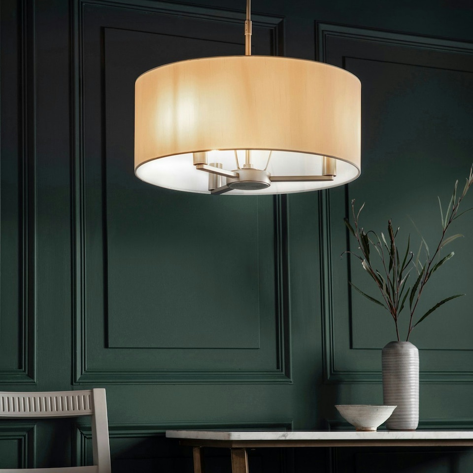 image 1 of Daley 3 Light Multi Arm Ceiling Pendant Matt Nickel, Vintage White Silk Effect, E14