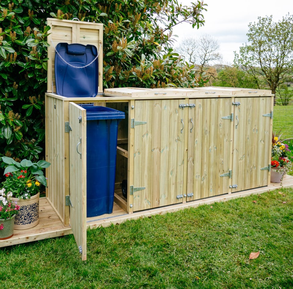 image 1 of Shireburn Quad Wheelie Bin Store - L80.4 x W250.5 x H120 cm - Fits 1 x 180L or 240L & 3 x 140L Wheelie Bins