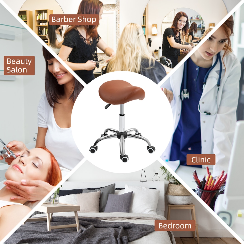 image 1 of HOMCOM Cosmetic Stool 360 Rotate Height Adjustable Salon Massage Spa Chair Hydraulic Rolling Faux Leather Saddle Stool Mobility, Brown