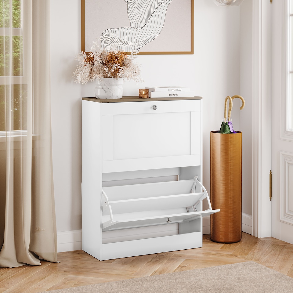 image 1 of Vida Designs 2 Drawer Compact Shoe Cabinet Hallway Home Entrance Storage Unit - White & Oak