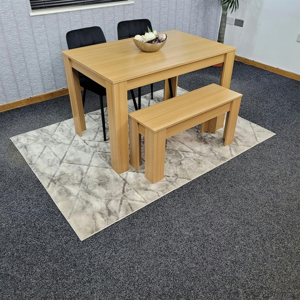 image 1 of Modern Grey Dining Table Set with 2 Black Velvet Chairs And 1 Bench Dining Room Furniture | Black | One Size | 4