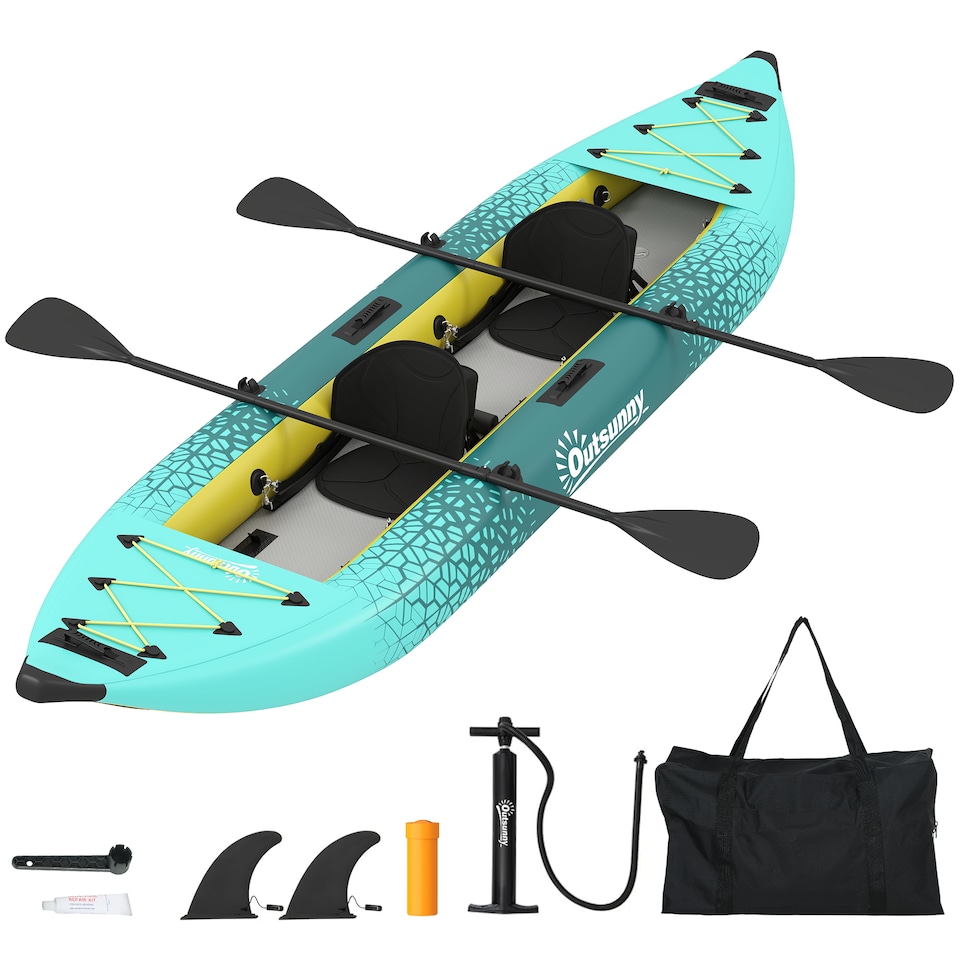 image 1 of Outsunny 2.5' Inflatable Kayak 2-person Sit on Canoe with Paddles | Blue | Blue and Yellow | 381 x 94 x 40 cm