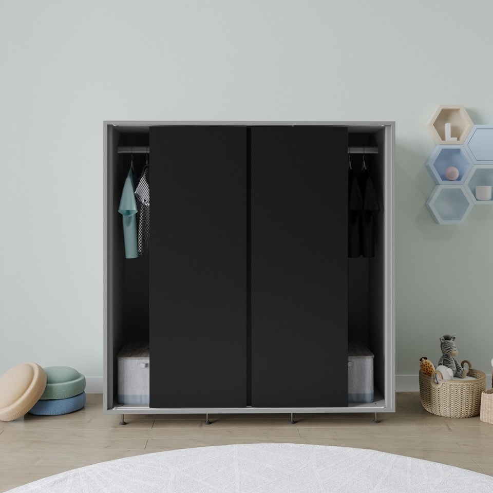 image 1 of 120cm 3 Sliding Doors Children Kids Wardrobe Bedroom Storage Closet Hanging Rail | Multi | Grey with Black Doors | 1