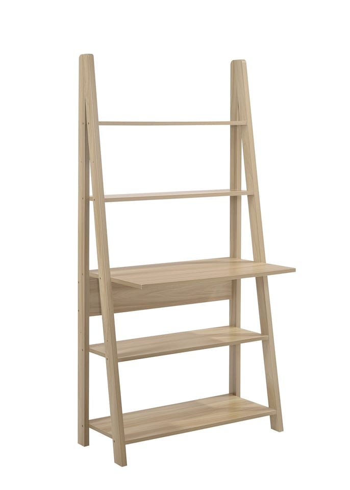 image 1 of Riva Ladder Bookcase with 5 Tier Shelves & Overhanging Desk Shelf in Oak Effect