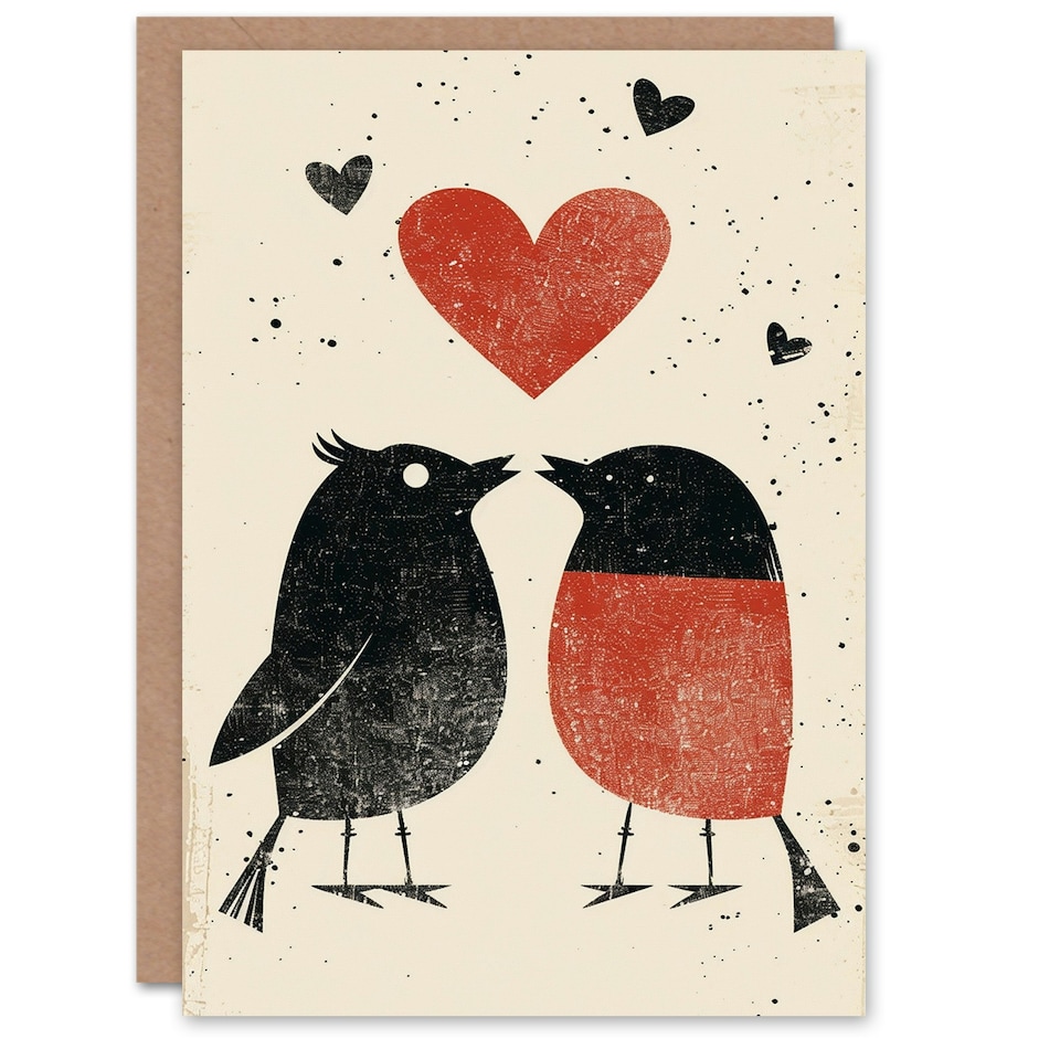 image 1 of Simple Red Robin Birds Couple Love Heart Anniversary Valentines Day Card