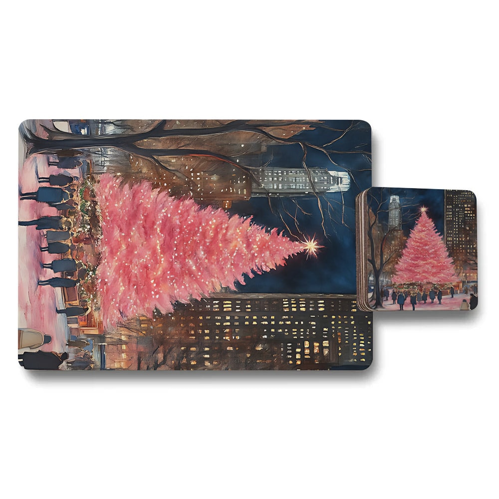 Placemat And Coaster Set With Wood Base High End Designer Artwork Christmas Tree Limited Edition