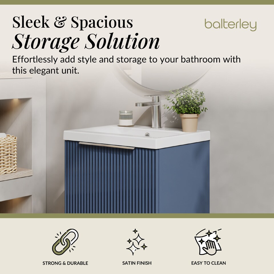 image 1 of Balterley Fluted Wall Hung 1 Drawer Vanity Basin Unit with Ceramic Basin | Blue | Satin Blue