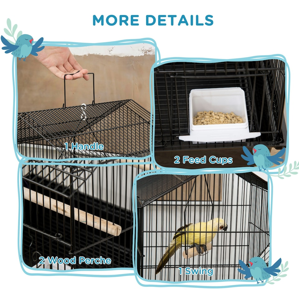 image 1 of PawHut Metal Bird Cage Small w/ Perch Food Container Handle for Finch Canary