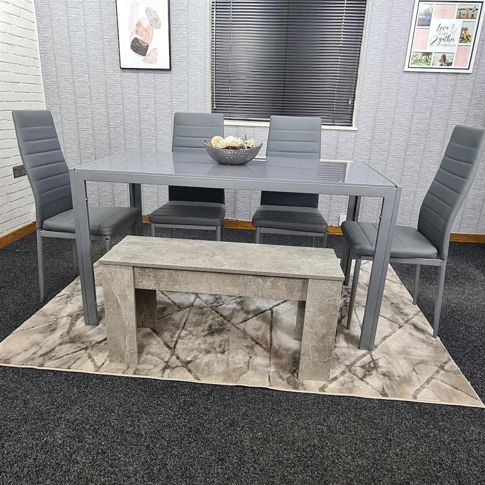 image 1 of Dining Table Set with 4 Chairs, and a Bench Dining Room and Kitchen table set of 4, and Grey Bench Grey