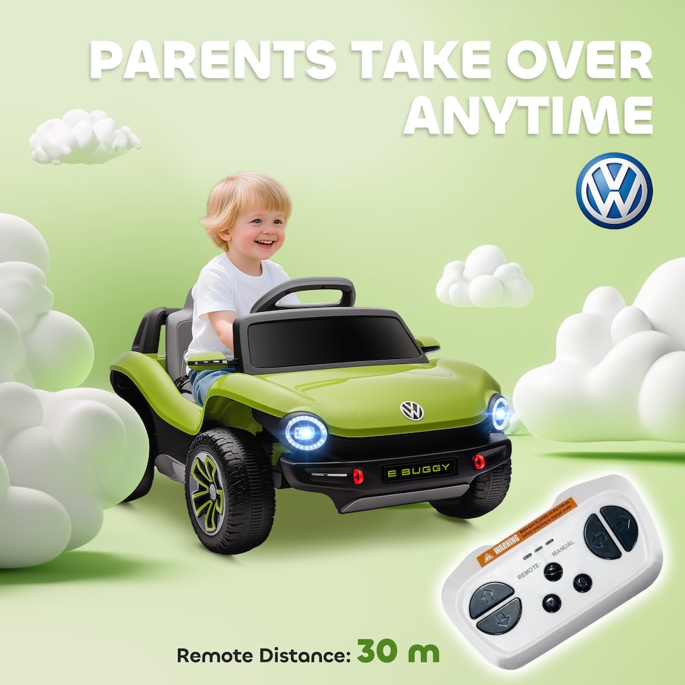 image 1 of AIYAPLAY Volkswagen E-Buggy Licensed Electric Car for Kids, 12V Kids Electric Ride on with Remote Control, Suspension, Slow Start, LED Lights, USB, Music, Horn, for Ages 3-6 Years, Green