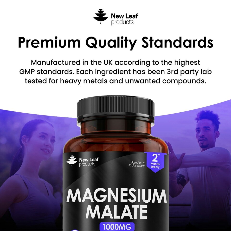 image 1 of Magnesium Malate Capsules - Bones & Joints, Sleep & Relaxation Support - Vegan 120 Capsules