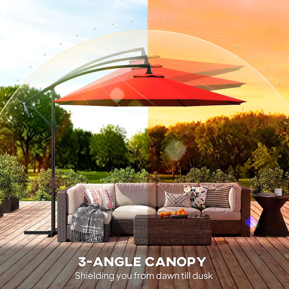 image 1 of Outsunny 3m Garden Banana Parasol Hanging Cantilever Umbrella with Crank Handle, 8 Ribs and Cross Base for Outdoor, Sun Shade, Wine Red