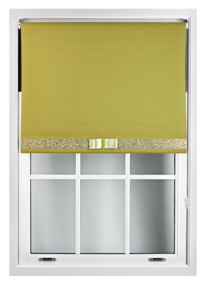 image 1 of FURNISHED Blackout Roller Blind with Gold Glitter Trim and Green Bow Cut to Size | Green | Green | (W) 150cm x (L) 165cm