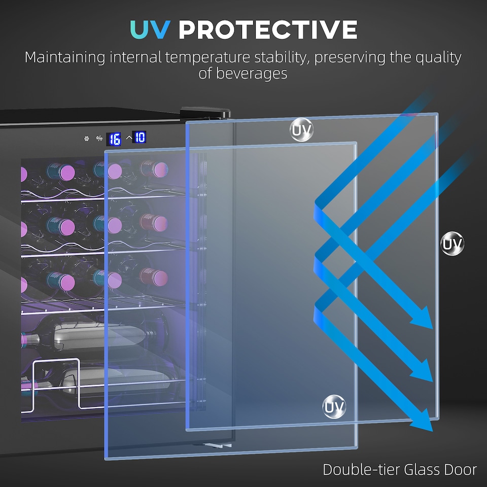 image 1 of HOMCOM Freestanding Wine Cooler Fridge, 16 Bottle, 42 Litre Capacity, 43cm Under Counter Drinks Beer Wine Fridge with Glass Door, LED Light, Digital Touch Screen, Temperature Control, Black