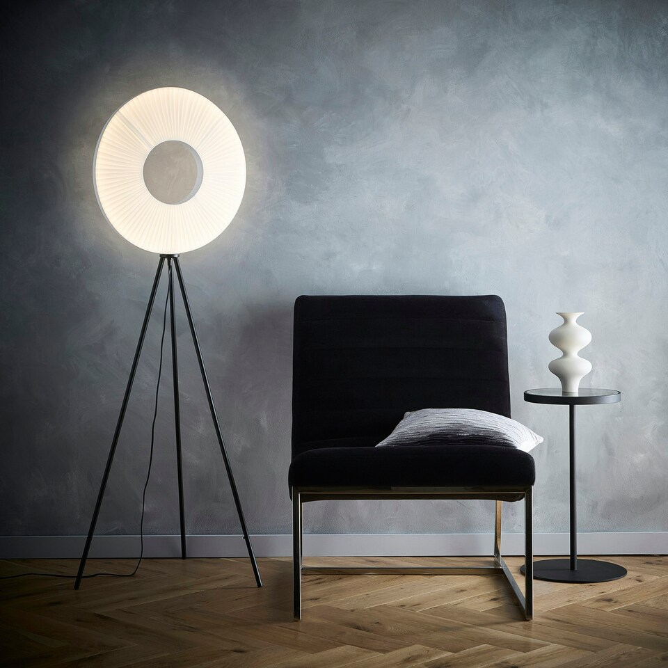 image 1 of Riley LED Tripod Floor Lamp White Fabric Shade and black tripod legs Black